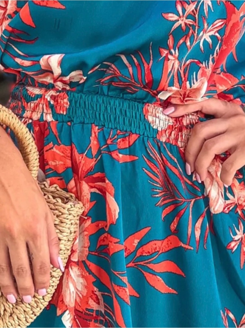 High-Neck Teal Floral Mini Dress with Smocked Waist - Picture 3 of 12